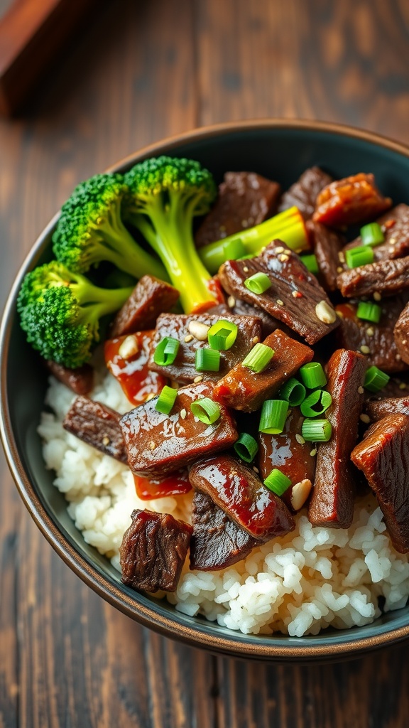 A bowl of Korean beef with broccoli and rice, garnished with green onions and sesame seeds.